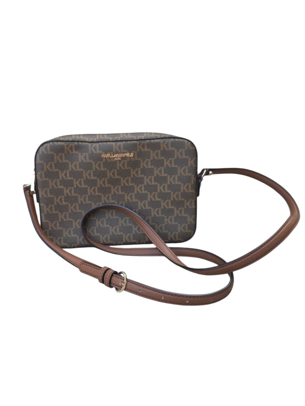 Karl Lagerfeld Maybelle Crossbody Camera Bag Brown Monogram Logo Strap Adjusts - Picture 2 of 10